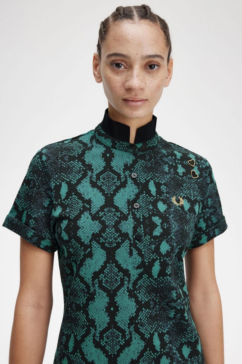 Deep Mint Fred Perry Snake Print Women's Polo Shirts | YSGVQ19170