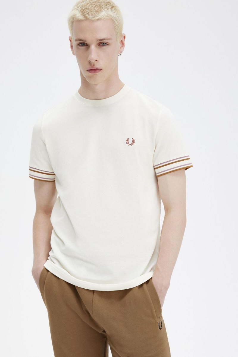 Ecru Fred Perry Bold Tipped Piqué Men's T Shirts | SGCVG92796