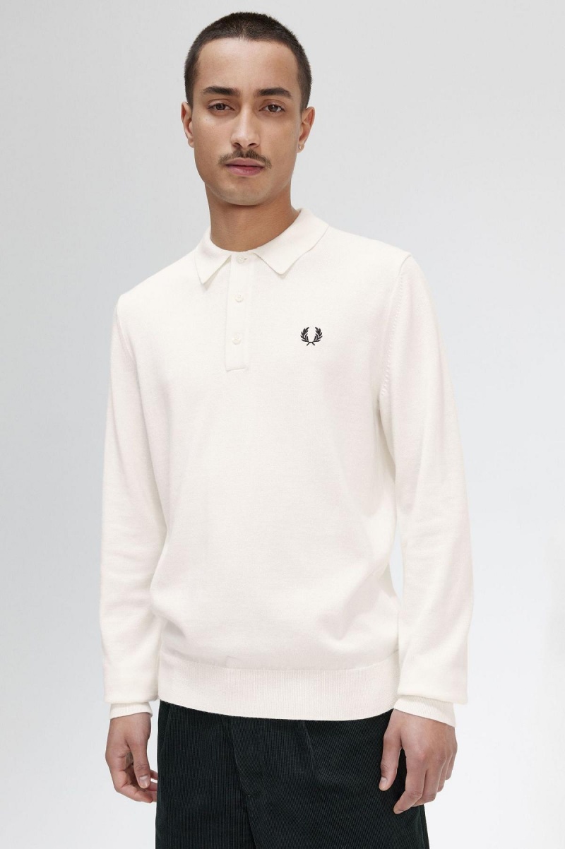 Ecru Fred Perry Long Sleeve Knitted Shirt Men's Knitwear | SGDFL94854