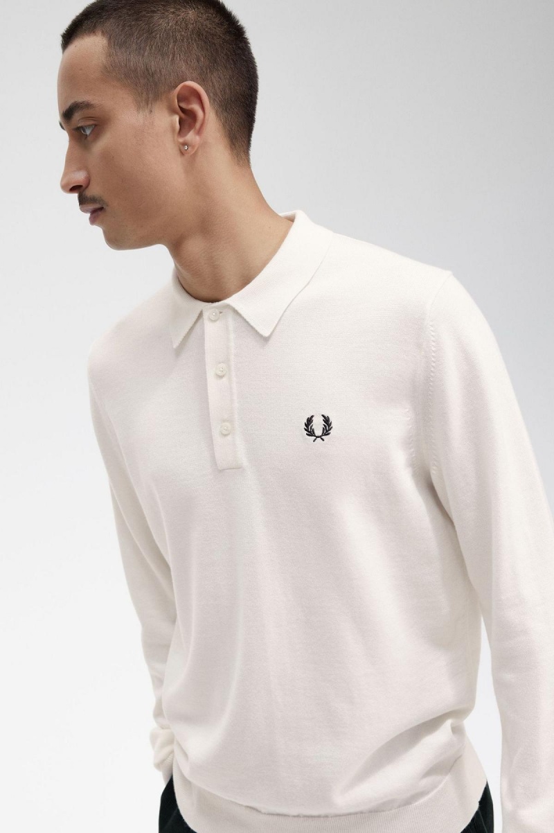 Ecru Fred Perry Long Sleeve Knitted Shirt Men's Knitwear | SGDFL94854