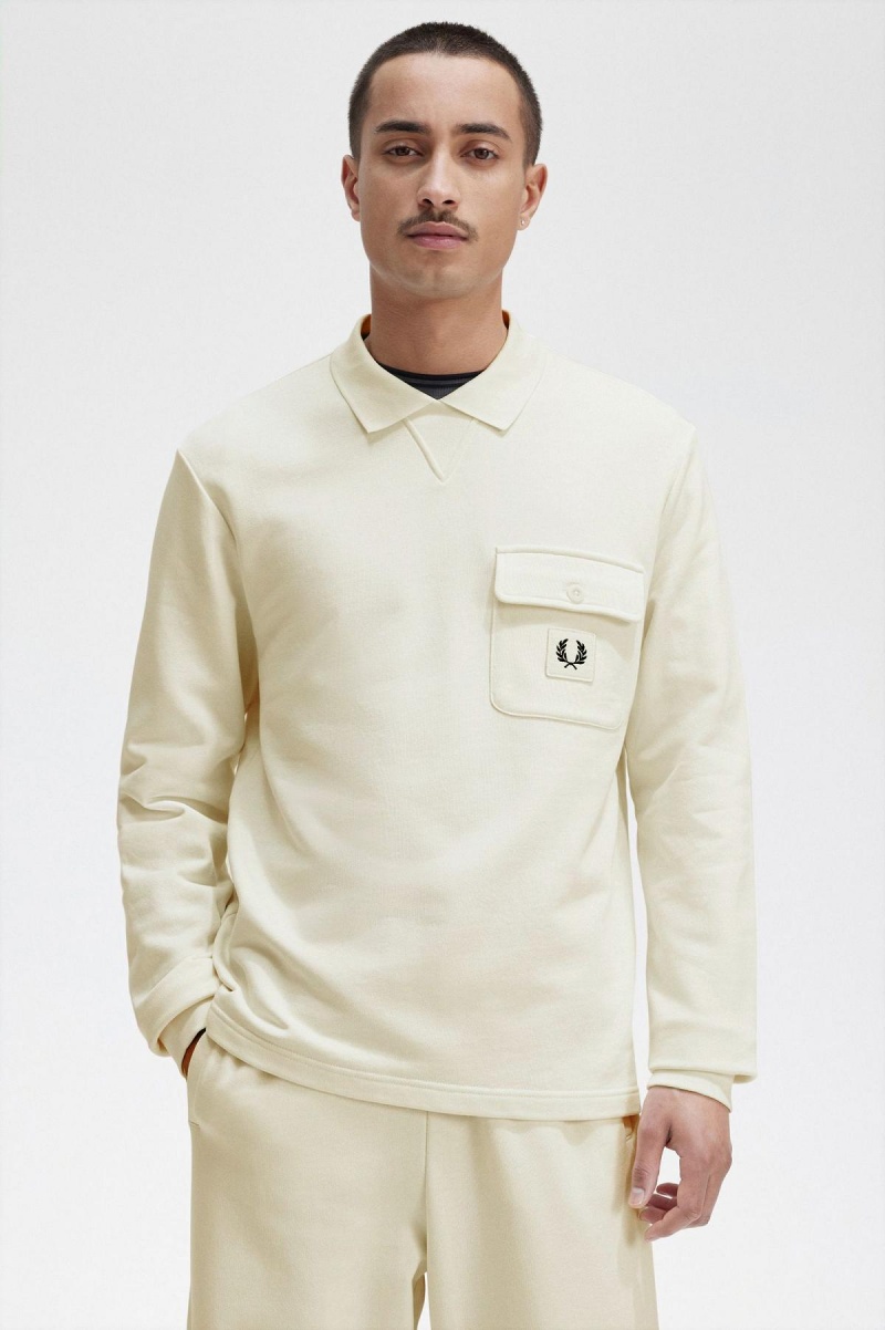 Ecru Fred Perry Long Sleeve Loopback Men's Sweatshirts | SGJBT75888