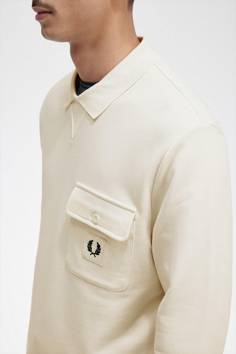 Ecru Fred Perry Long Sleeve Loopback Men's Sweatshirts | SGJBT75888