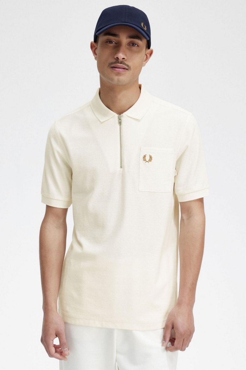 Ecru Fred Perry Textured Zip Neck Polo Shirt Men's Polo Shirts | MSGHR69541