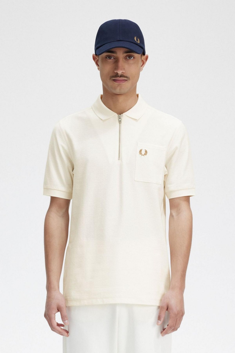 Ecru Fred Perry Textured Zip Neck Polo Shirt Men\'s Polo Shirts | MSGHR69541