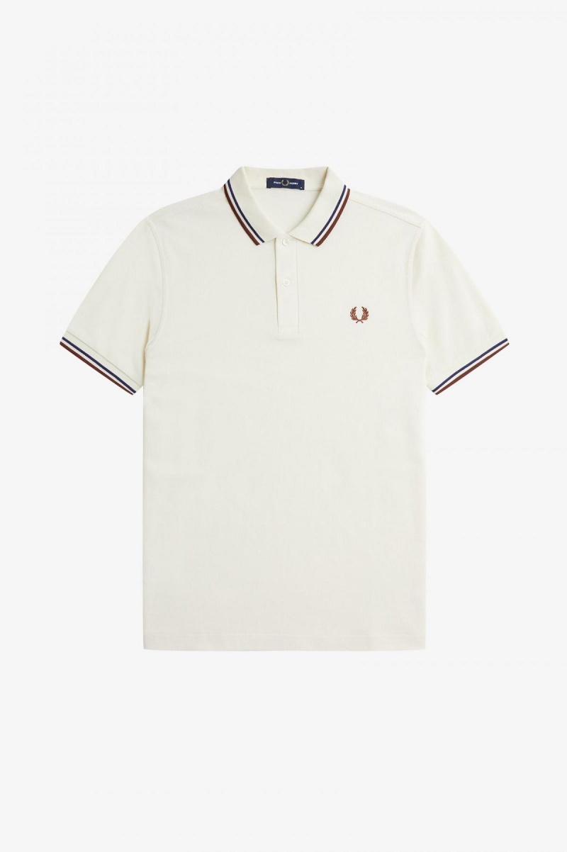 Ecru / French Navy / Whisky Brown Fred Perry M3600 Men's Fred Perry Shirt | SGJKU78352