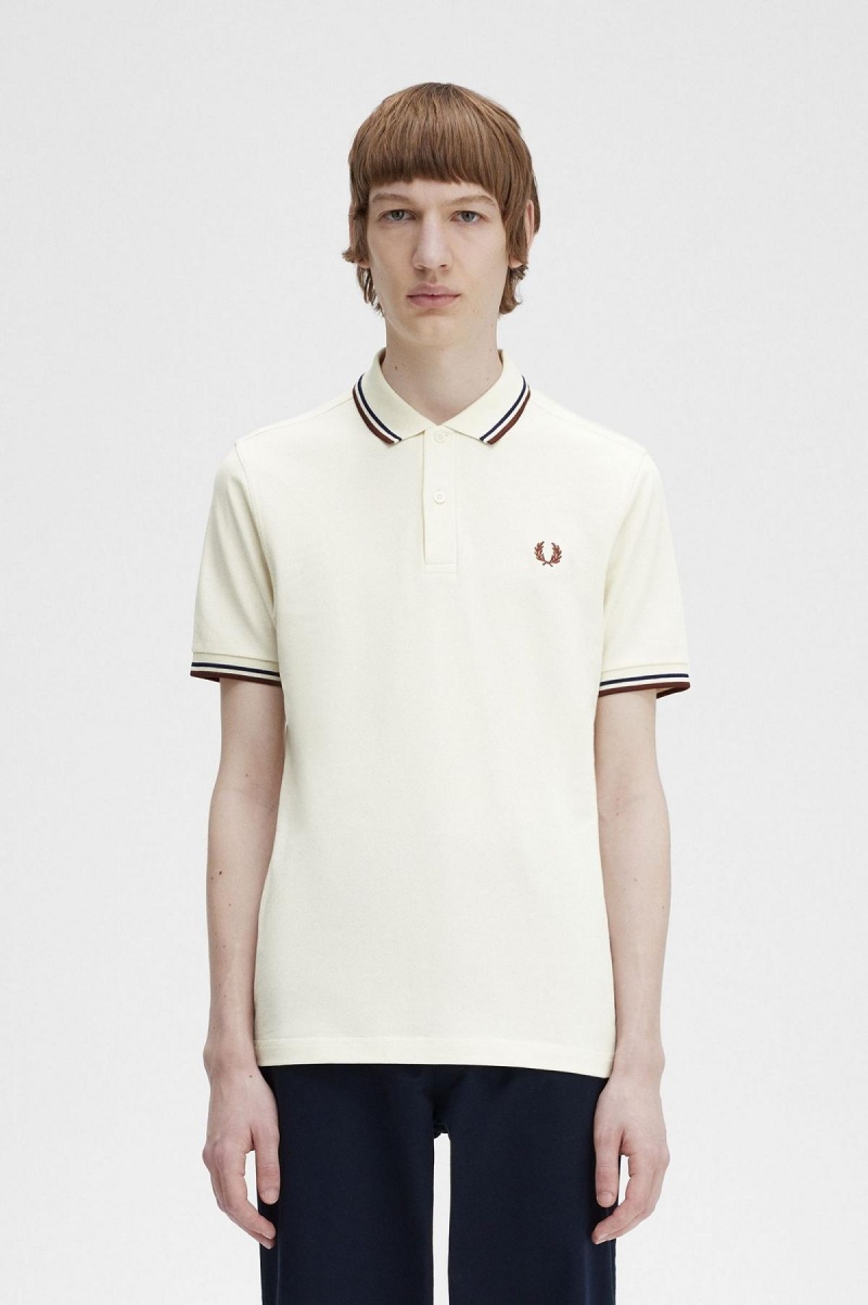 Ecru / French Navy / Whisky Brown Fred Perry M3600 Men's Fred Perry Shirt | SGJKU78352