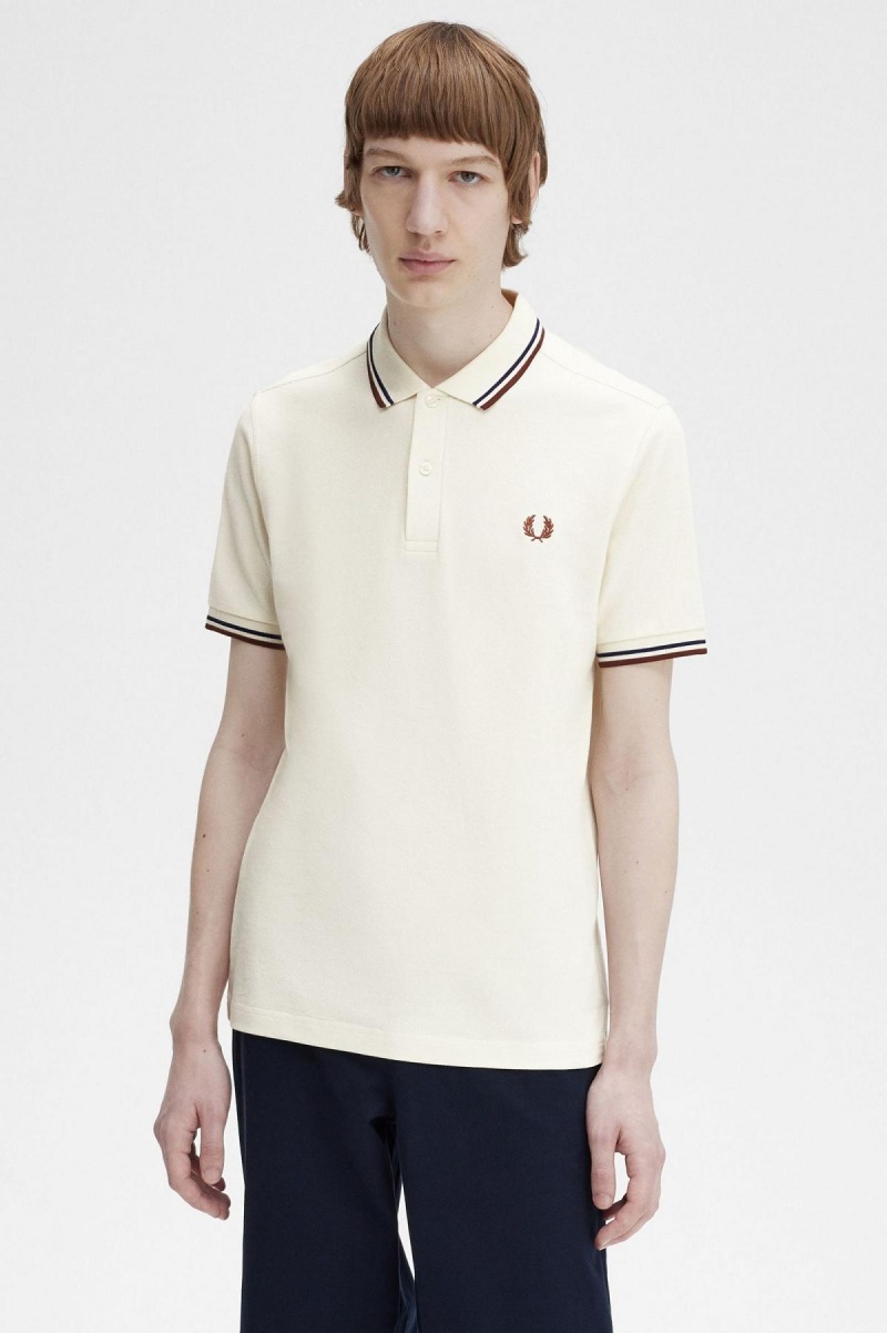 Ecru / French Navy / Whisky Brown Fred Perry M3600 Men's Polo Shirts | SGEAH61493