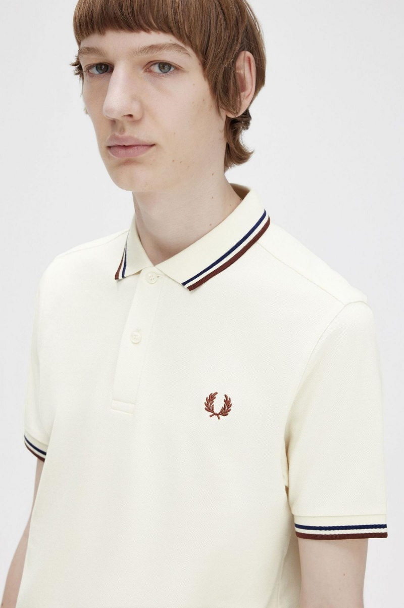 Ecru / French Navy / Whisky Brown Fred Perry M3600 Men's Polo Shirts | SGEAH61493