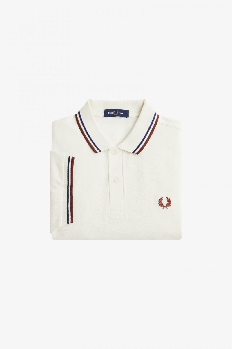 Ecru / French Navy / Whisky Brown Fred Perry M3600 Men's Polo Shirts | SGEAH61493