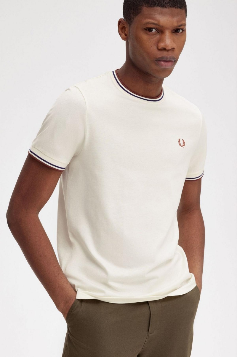 Ecru / Whisky Brown Fred Perry Twin Tipped Men's T Shirts | XSGBH28974