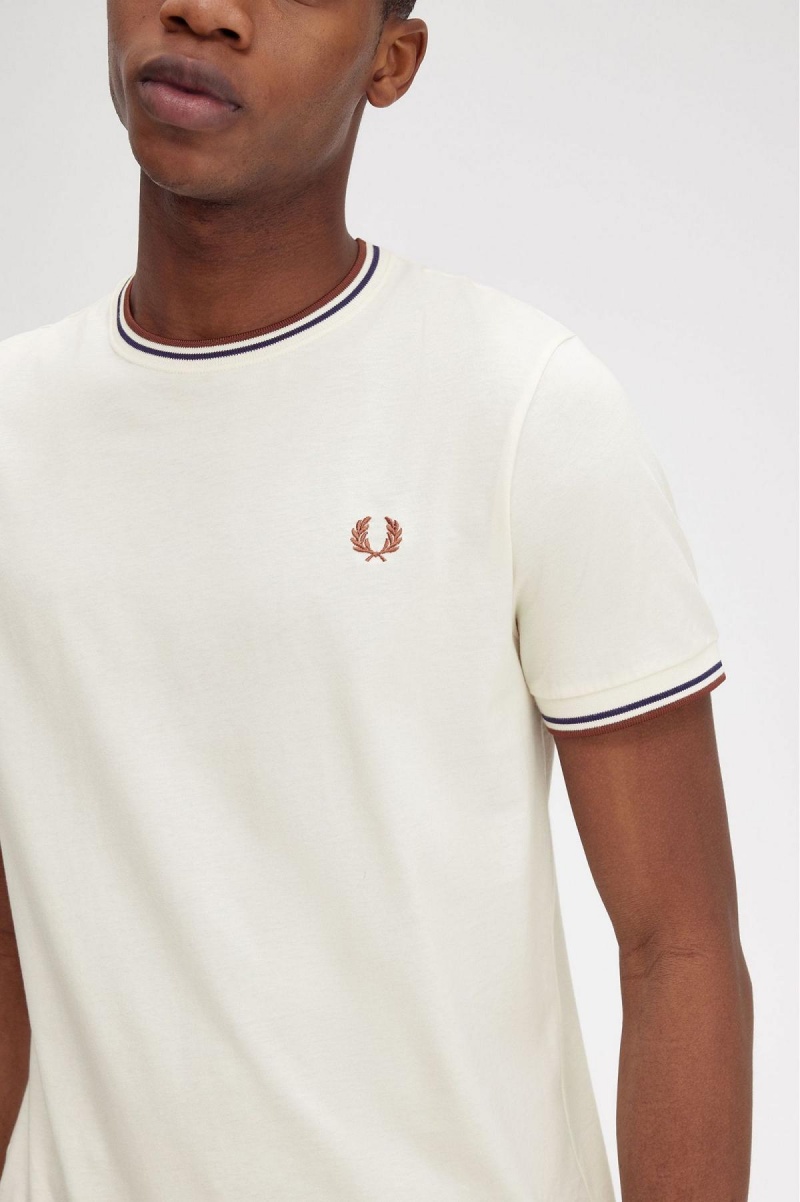 Ecru / Whisky Brown Fred Perry Twin Tipped Men's T Shirts | XSGBH28974