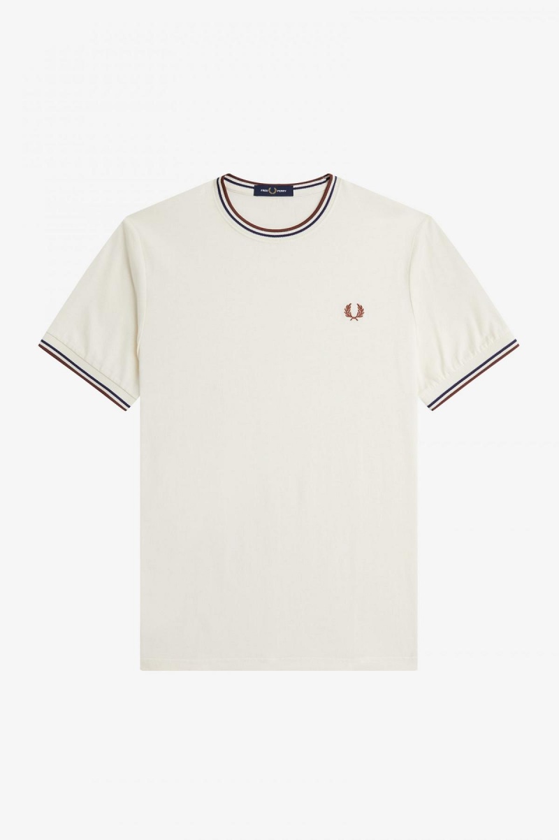 Ecru / Whisky Brown Fred Perry Twin Tipped Men's T Shirts | XSGBH28974