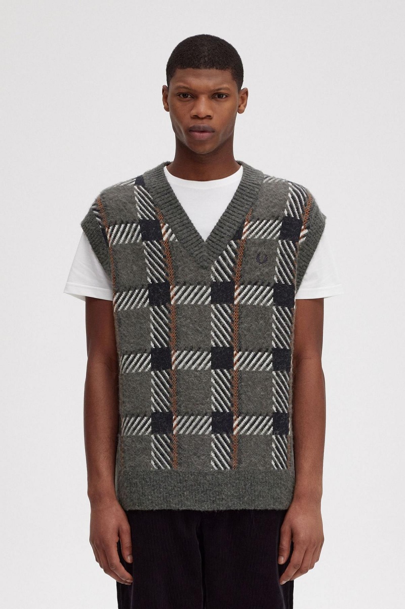 Field Green Fred Perry Glitch Tartan Knitted Tank Men\'s Knitwear | SGDYB47627