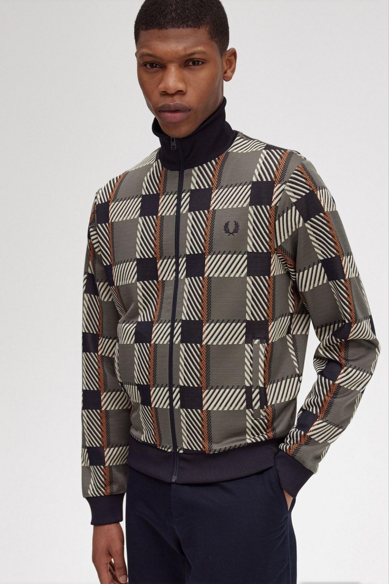 Field Green Fred Perry Glitch Tartan Men's Track Jackets | MSGFT46606