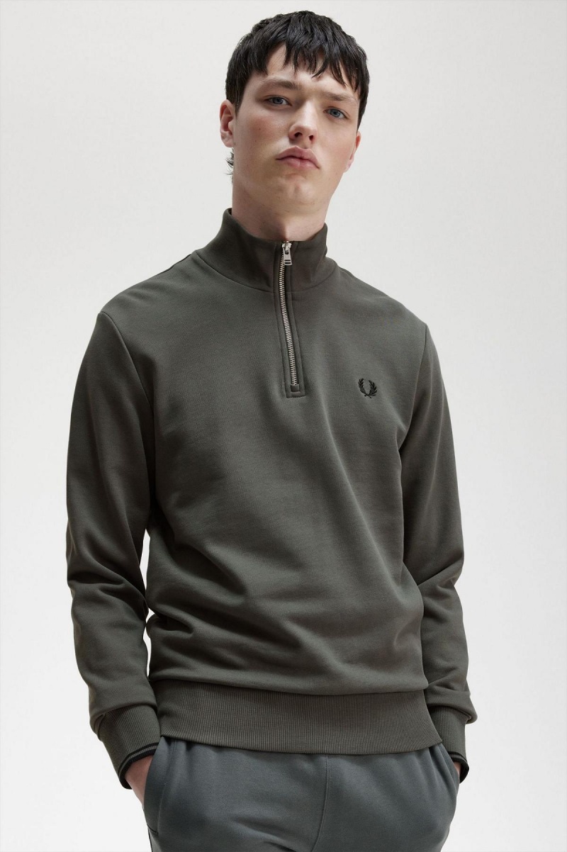 Field Green Fred Perry Half Zip Men's Sweatshirts | SGCIF28804