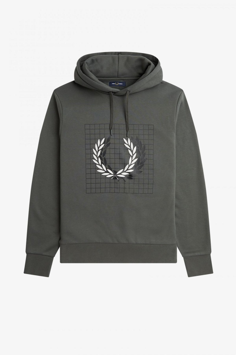 Field Green Fred Perry Laurel Wreath Grid Hooded Men\'s Sweatshirts | SGJZR48326