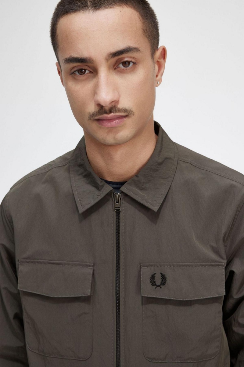 Field Green Fred Perry Lightweight Zip-Through Men's Shirts | ZSGNQ95136