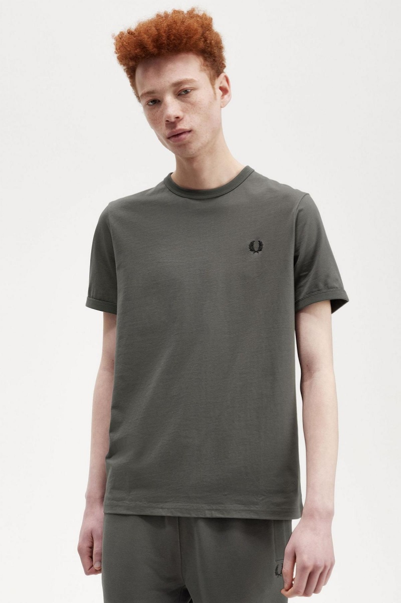 Field Green Fred Perry Ringer Men's T Shirts | SGEAH92415