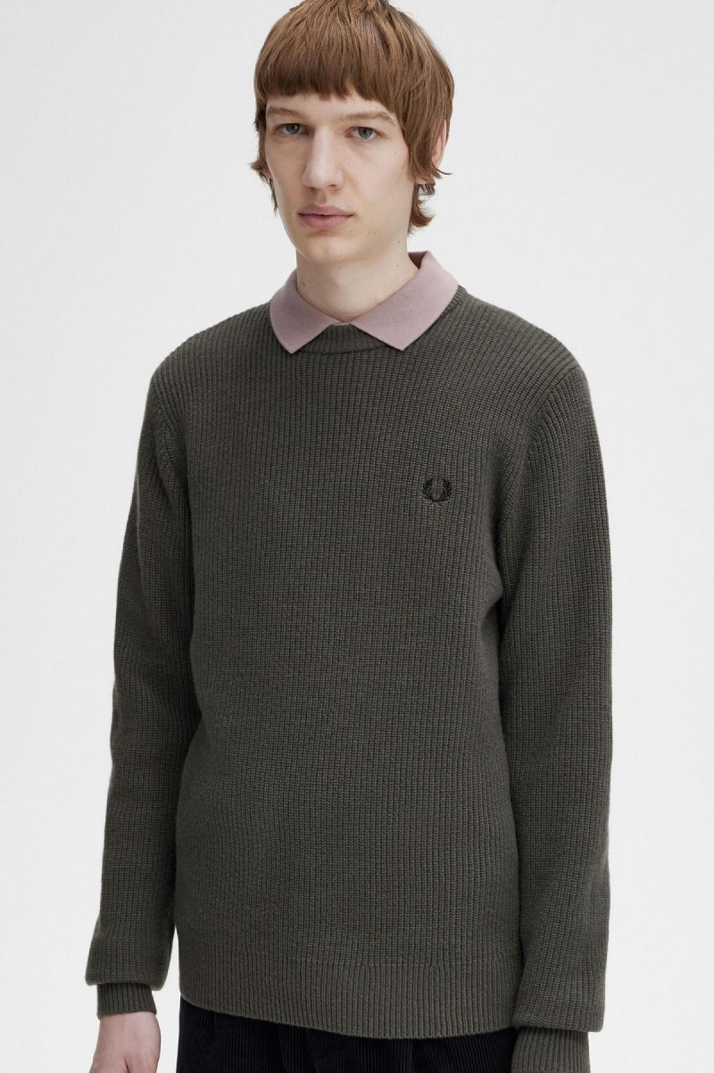 Field Green Fred Perry Textured Lambswool Jumper Men's Knitwear | TSGWZ96290