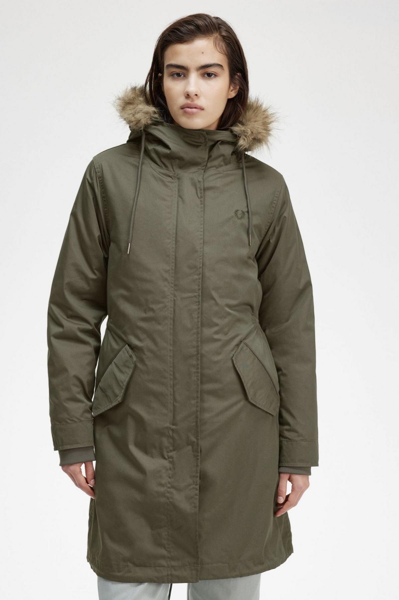 Field Green Fred Perry Zip-In Liner Parka Women's Coats | FSGHY95704