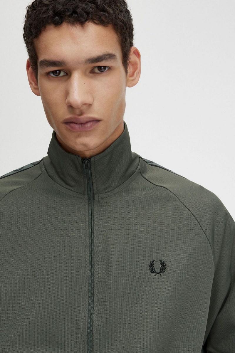 Field Green / Black Fred Perry Contrast Tape Men's Track Jackets | ZSGMJ85282