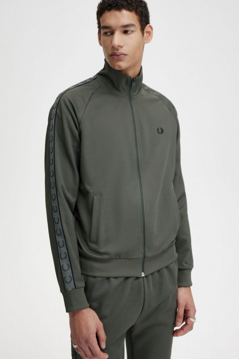 Field Green / Black Fred Perry Contrast Tape Men's Track Jackets | ZSGMJ85282