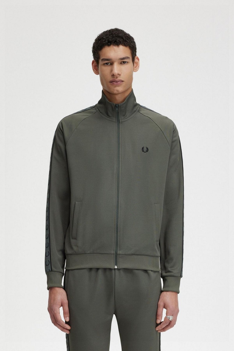 Field Green / Black Fred Perry Contrast Tape Men\'s Track Jackets | ZSGMJ85282