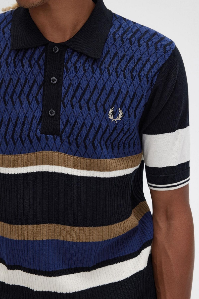 French Navy Fred Perry Argyle Panel Knitted Shirt Men's Knitwear | YSGGT16054