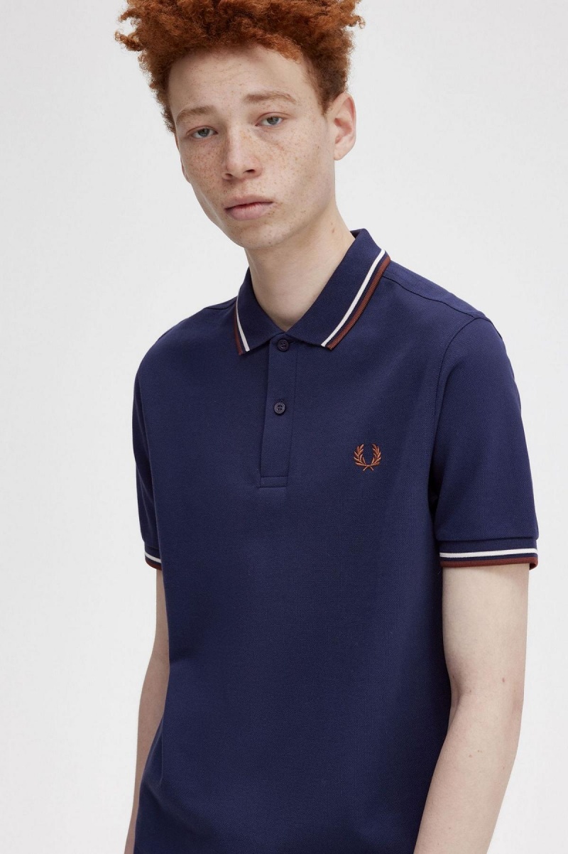 French Navy / Ecru / Whisky Brown Fred Perry M3600 Men's Polo Shirts | PSGER84569