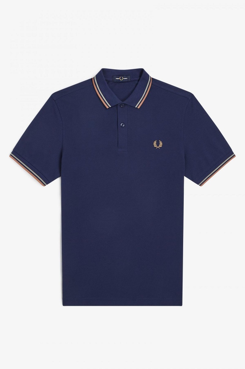 French Navy / Seagrass / Light Rust Fred Perry M3600 Men's Fred Perry Shirt | SGJKU27624