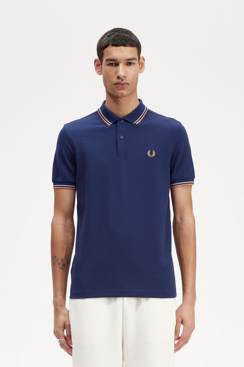 French Navy / Seagrass / Light Rust Fred Perry M3600 Men's Fred Perry Shirt | SGJKU27624