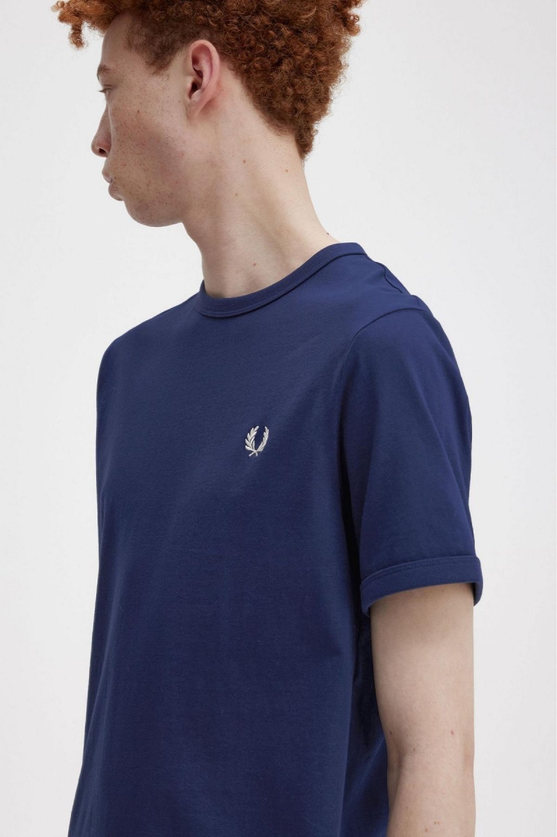 French Navy / Snow White Fred Perry Ringer Men's T Shirts | SGCIF47027