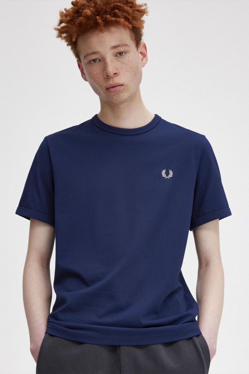 French Navy / Snow White Fred Perry Ringer Men's T Shirts | SGCIF47027