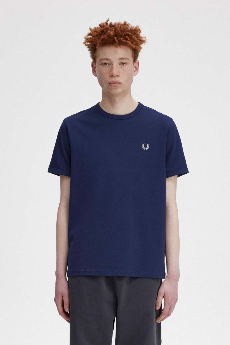 French Navy / Snow White Fred Perry Ringer Men\'s T Shirts | SGCIF47027