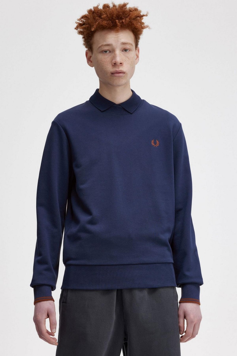 French Navy / Whisky Brown Fred Perry Crew Neck Men's Sweatshirts | ASGWC73494