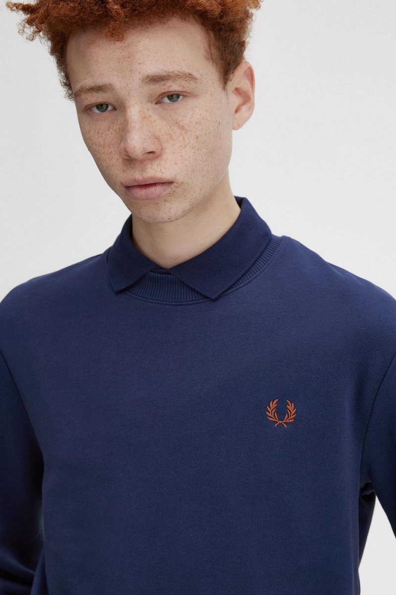 French Navy / Whisky Brown Fred Perry Crew Neck Men's Sweatshirts | ASGWC73494