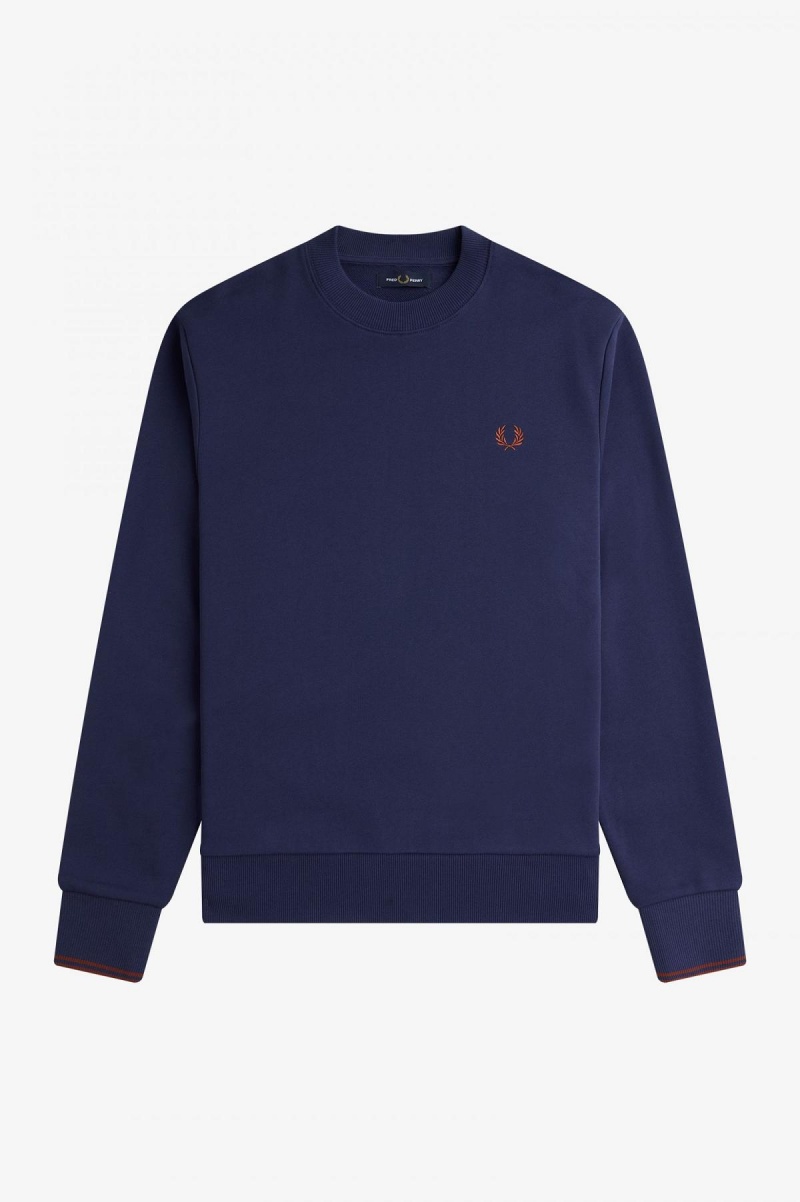 French Navy / Whisky Brown Fred Perry Crew Neck Men's Sweatshirts | ASGWC73494