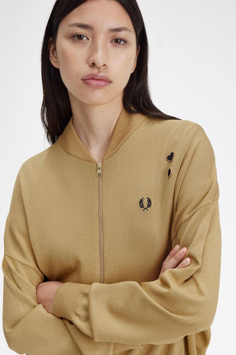 Gold Fred Perry Metallic Knitted Bomber Women's Coats | SGJZR34487