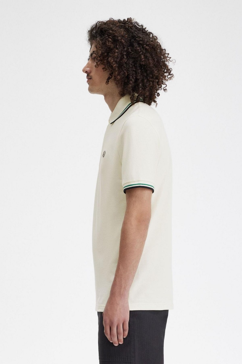 Light Ecru / Fred Perry Green / Black Fred Perry M12 Men's Polo Shirts | YSGGT58520