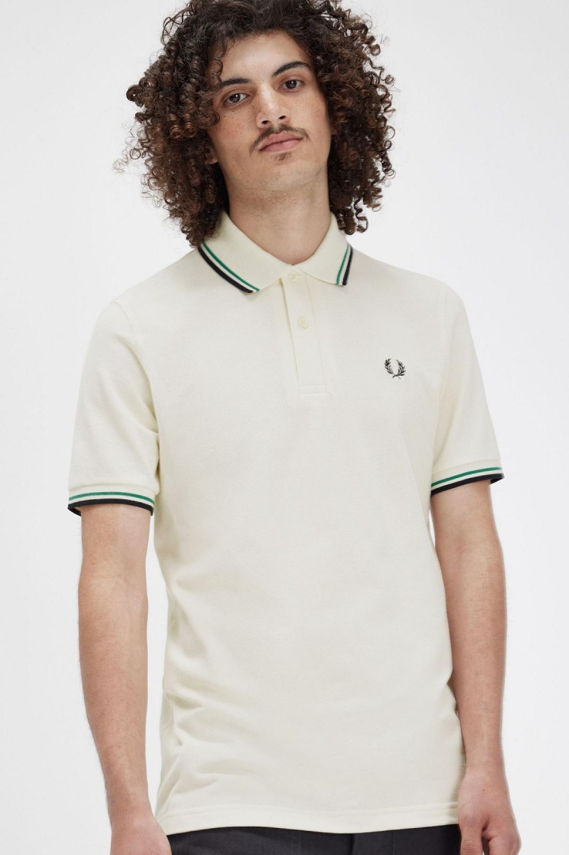 Light Ecru / Fred Perry Green / Black Fred Perry M12 Men's Polo Shirts | YSGGT58520