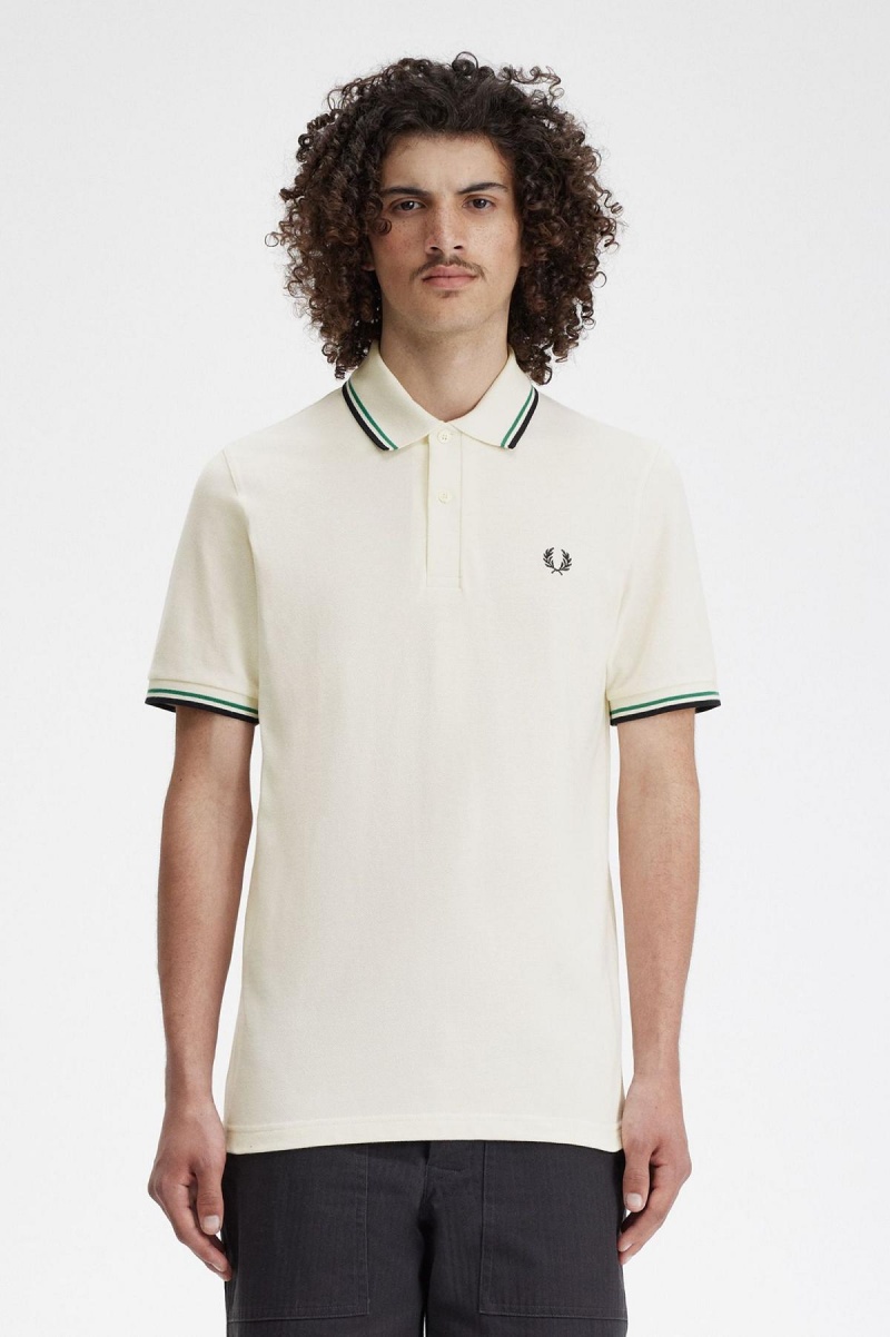 Light Ecru / Fred Perry Green / Black Fred Perry M12 Men\'s Polo Shirts | YSGGT58520