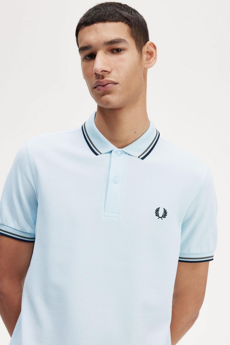 Light Ice / Field Green / Black Fred Perry M3600 Men's Polo Shirts | SGJKU20469