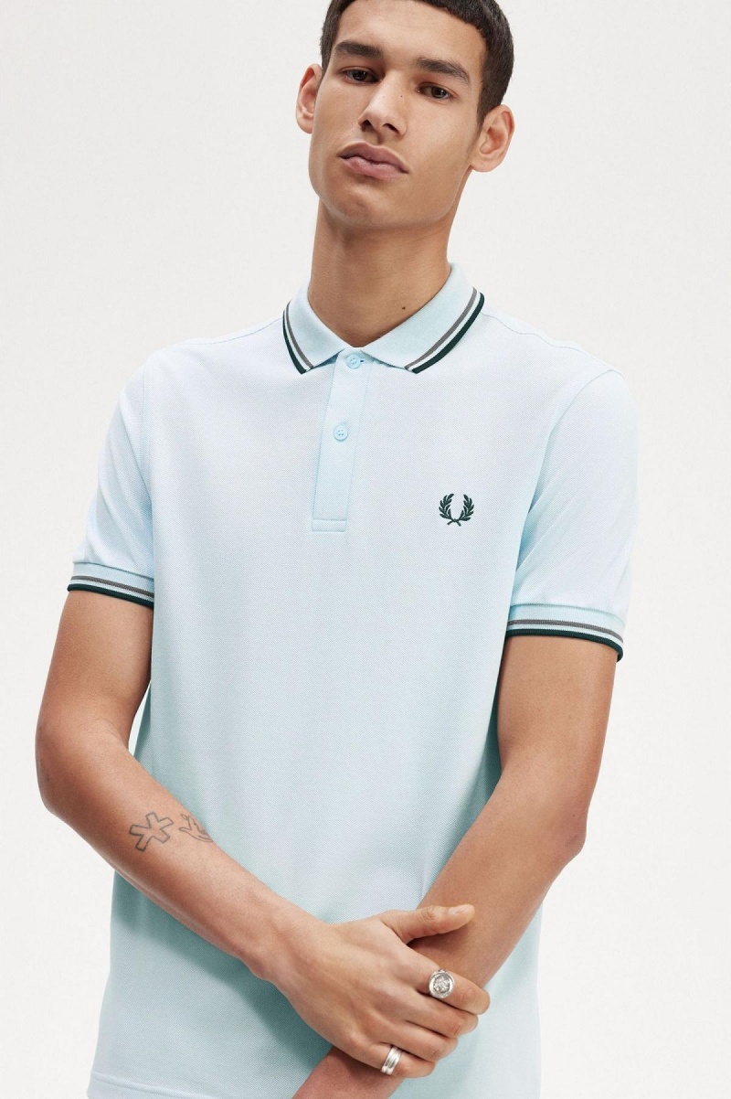 Light Ice / Field Green / Black Fred Perry M3600 Men's Polo Shirts | SGJKU20469