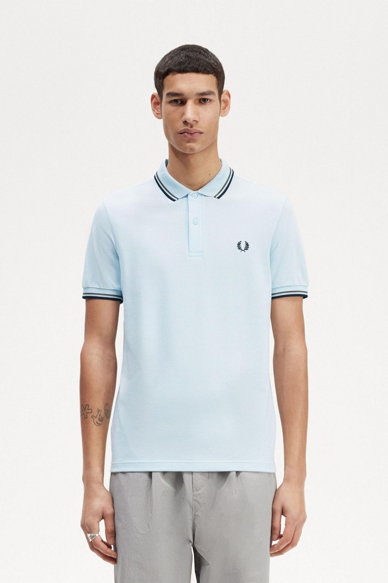 Light Ice / Field Green / Black Fred Perry M3600 Men\'s Polo Shirts | SGJKU20469