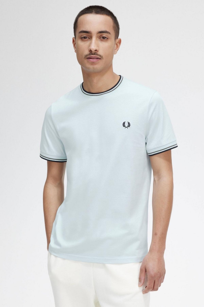 Light Ice / Field Green / Black Fred Perry Twin Tipped Men's T Shirts | SGEGJ23568