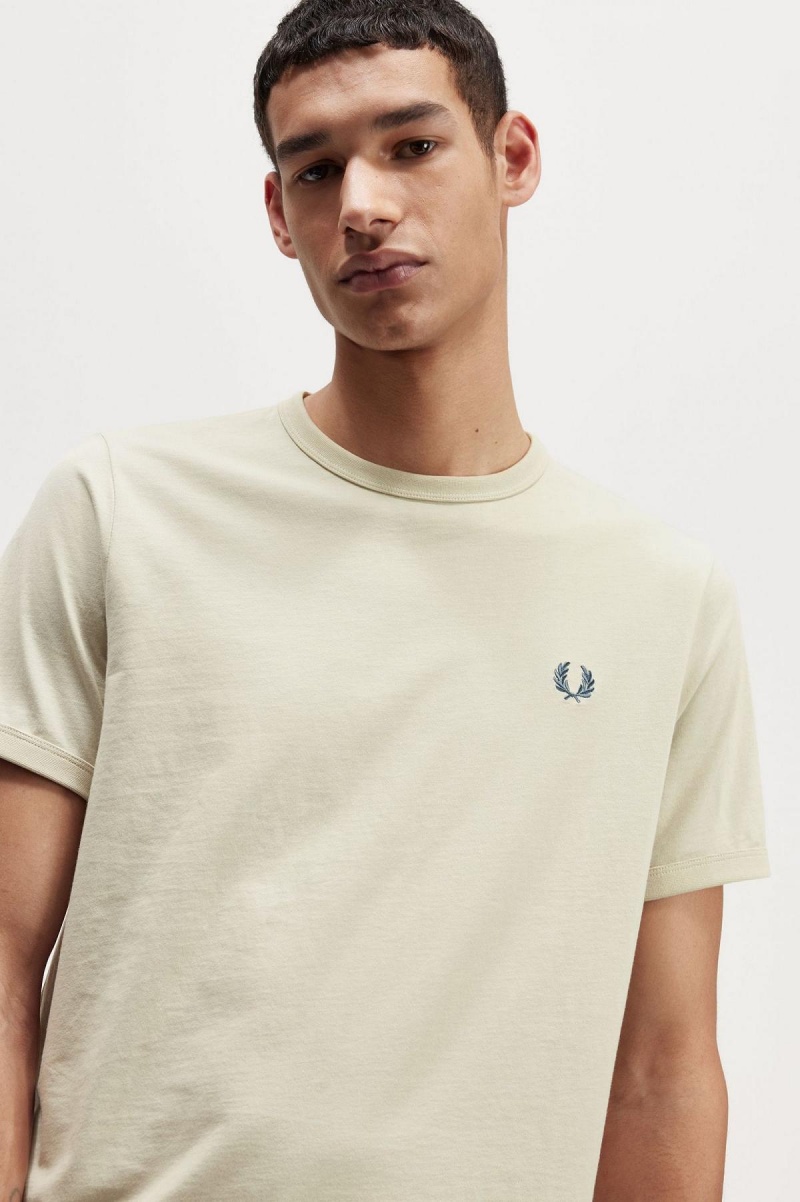 Light Oyster Fred Perry Ringer Men's T Shirts | ASGWC92332