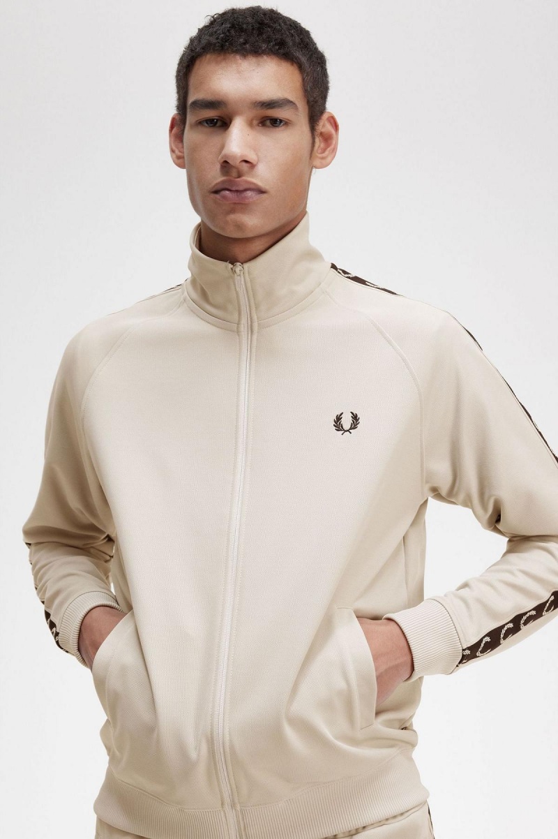 Light Oyster / Black Fred Perry Contrast Tape Men's Track Jackets | SGICD15928