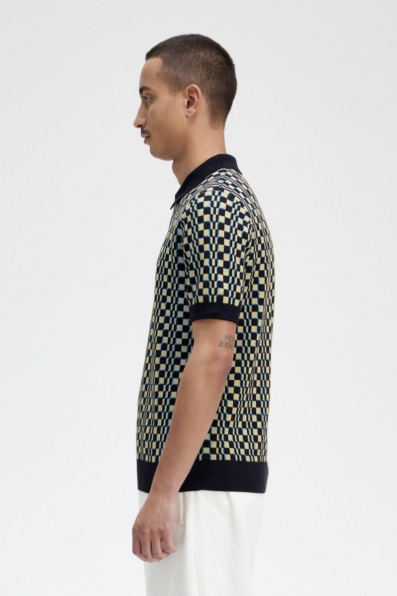 Light Oyster / Black Fred Perry Glitch Chequerboard Knitted Shirt Men's Knitwear | SGQCS36463