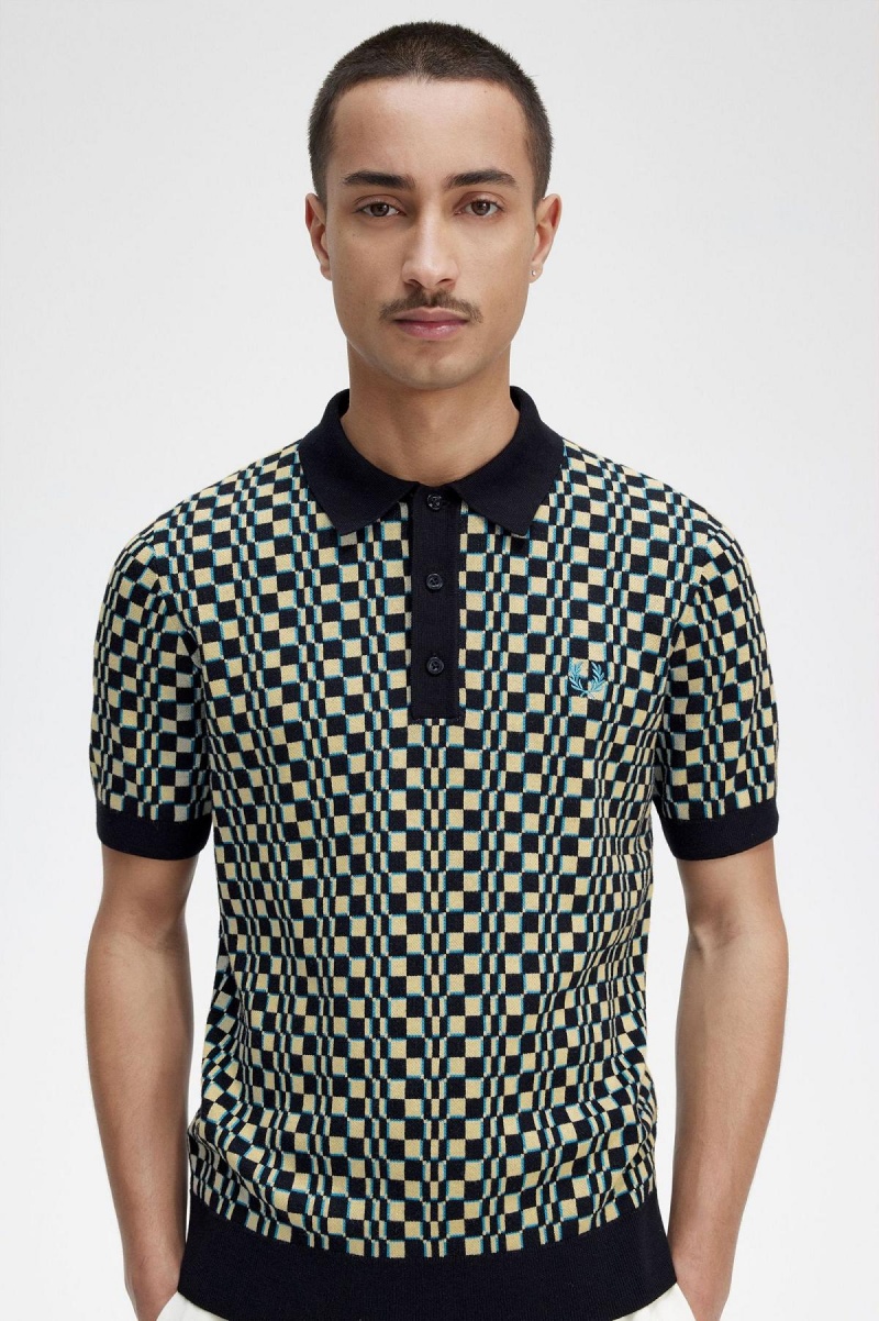 Light Oyster / Black Fred Perry Glitch Chequerboard Knitted Shirt Men's Knitwear | SGQCS36463