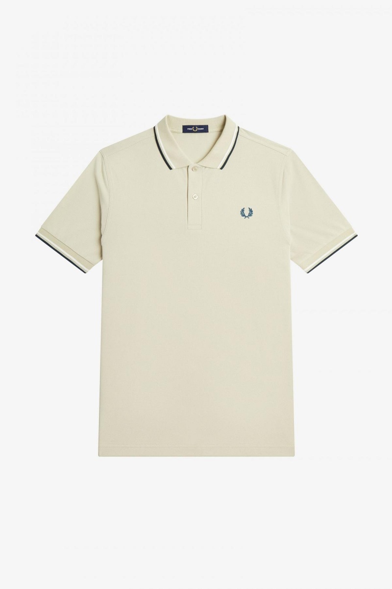 Light Oyster / Snow White / Petrol Blue Fred Perry M3600 Men's Fred Perry Shirt | SGCVG74799